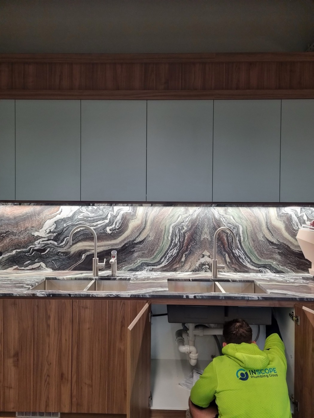 Commercial kitchen fitout with premium splashback and dual sinks